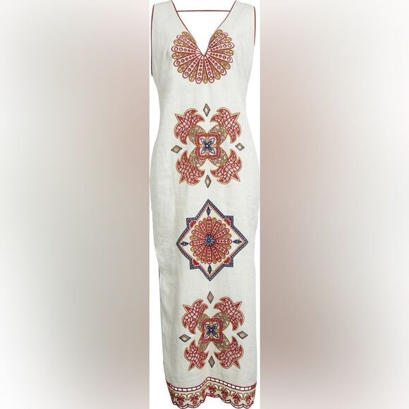 FARM Rio Dresses & Skirts - FARM Rio Mary's Tiles Embroidered Detail Linen White Midi Dress Size Small